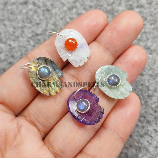 Gemstone Hamsa Hand Pendant in 925 Sterling Silver Gold Vermeil – Handcarved Spiritual Charm Jewelry with Amethyst & Labradorite, Amazonite & Labradorite, Moonstone & Carnelian, and Labradorite – Healing Crystal Protection Amulet Necklace Pendant – Boho Spiritual Jewelry Gift for Women and Men – Handmade Meaningful Jewelry, Great for Resellers, Crystal Lovers, and Spiritual Gifts
