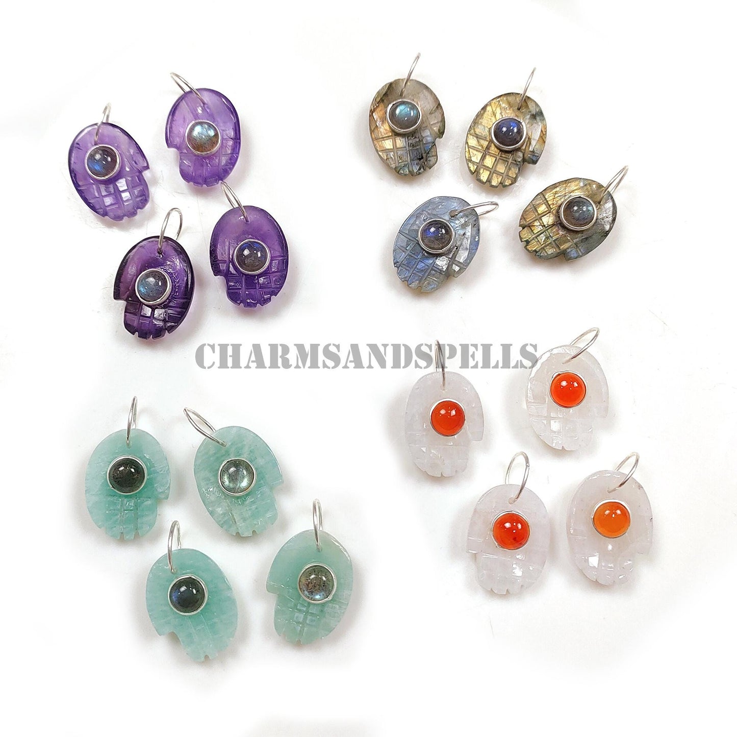 Gemstone Hamsa Hand Pendant in 925 Sterling Silver Gold Vermeil – Handcarved Spiritual Charm Jewelry with Amethyst & Labradorite, Amazonite & Labradorite, Moonstone & Carnelian, and Labradorite – Healing Crystal Protection Amulet Necklace Pendant – Boho Spiritual Jewelry Gift for Women and Men – Handmade Meaningful Jewelry, Great for Resellers, Crystal Lovers, and Spiritual Gifts