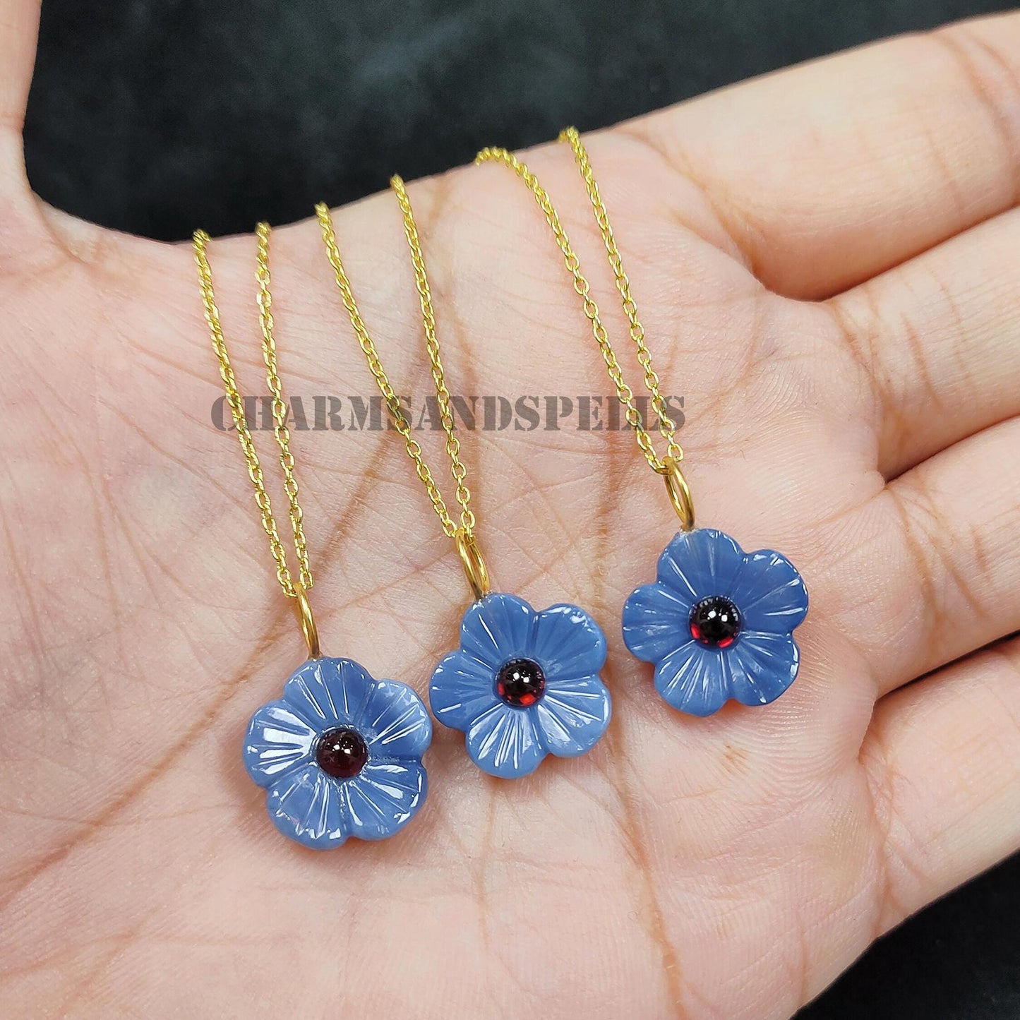 Carved Blue Onyx Flower Necklace