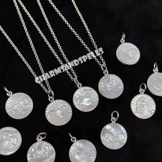Zodiac Pearl Necklace, Engraved Round Bezel Charm, Astrology Birthday Gift