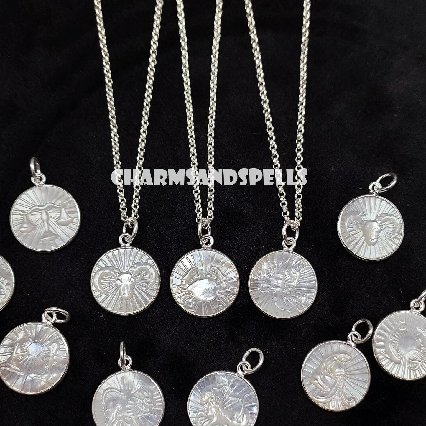 Zodiac Pearl Necklace, Engraved Round Bezel Charm, Astrology Birthday Gift