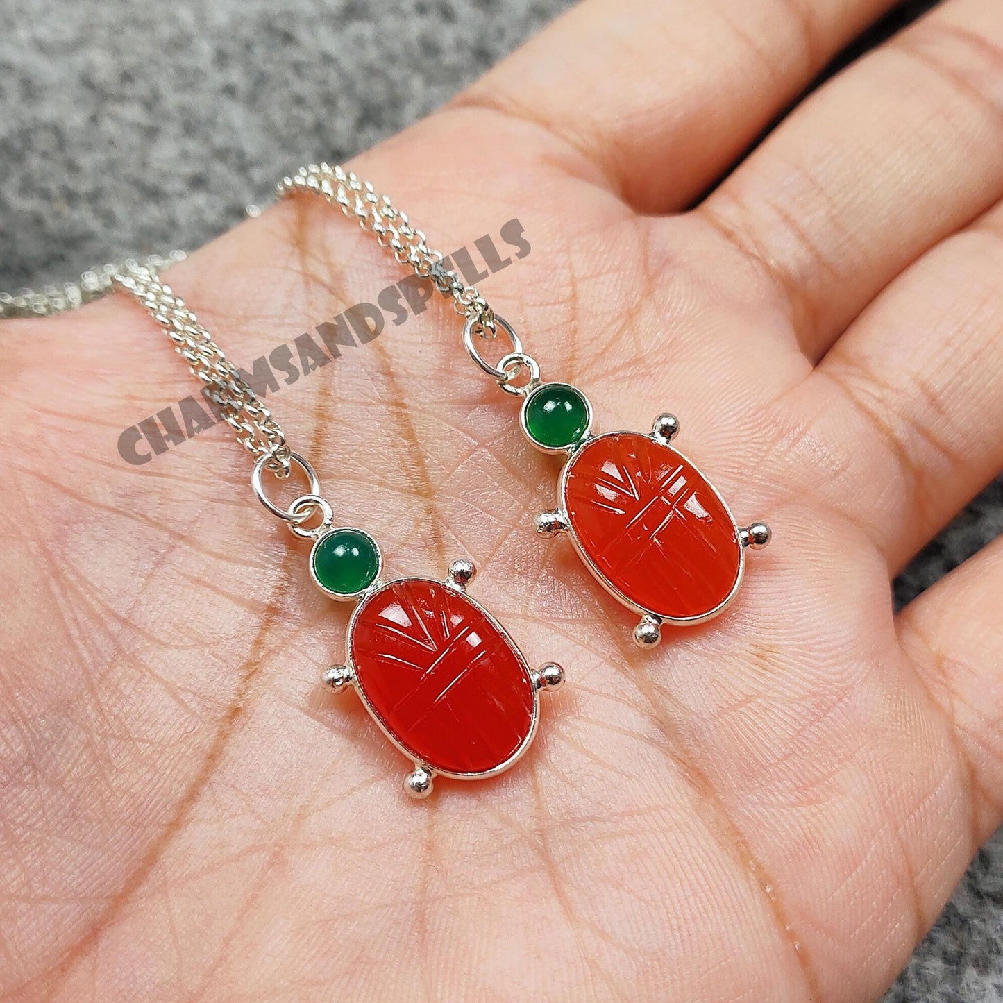 Carnelian Ladybug Necklace, 925 Silver Insect Charm, Handcarved Vintage Jewelry