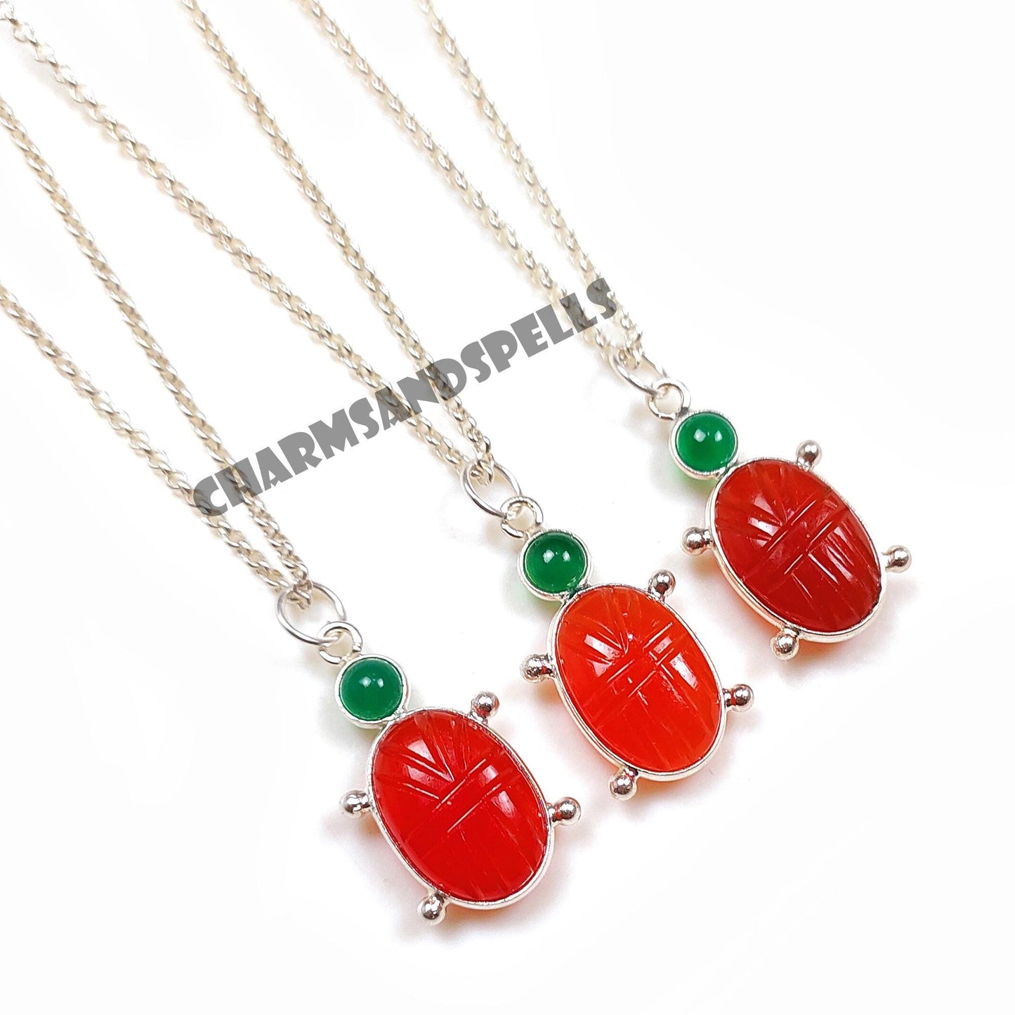 Carnelian Ladybug Necklace, 925 Silver Insect Charm, Handcarved Vintage Jewelry