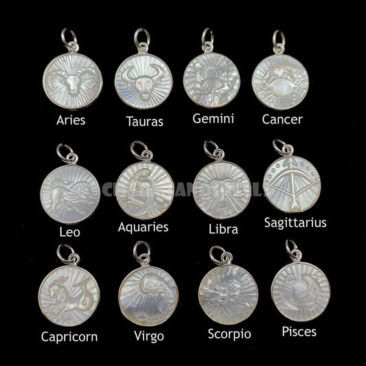 Zodiac Pearl Necklace, Engraved Round Bezel Charm, Astrology Birthday Gift
