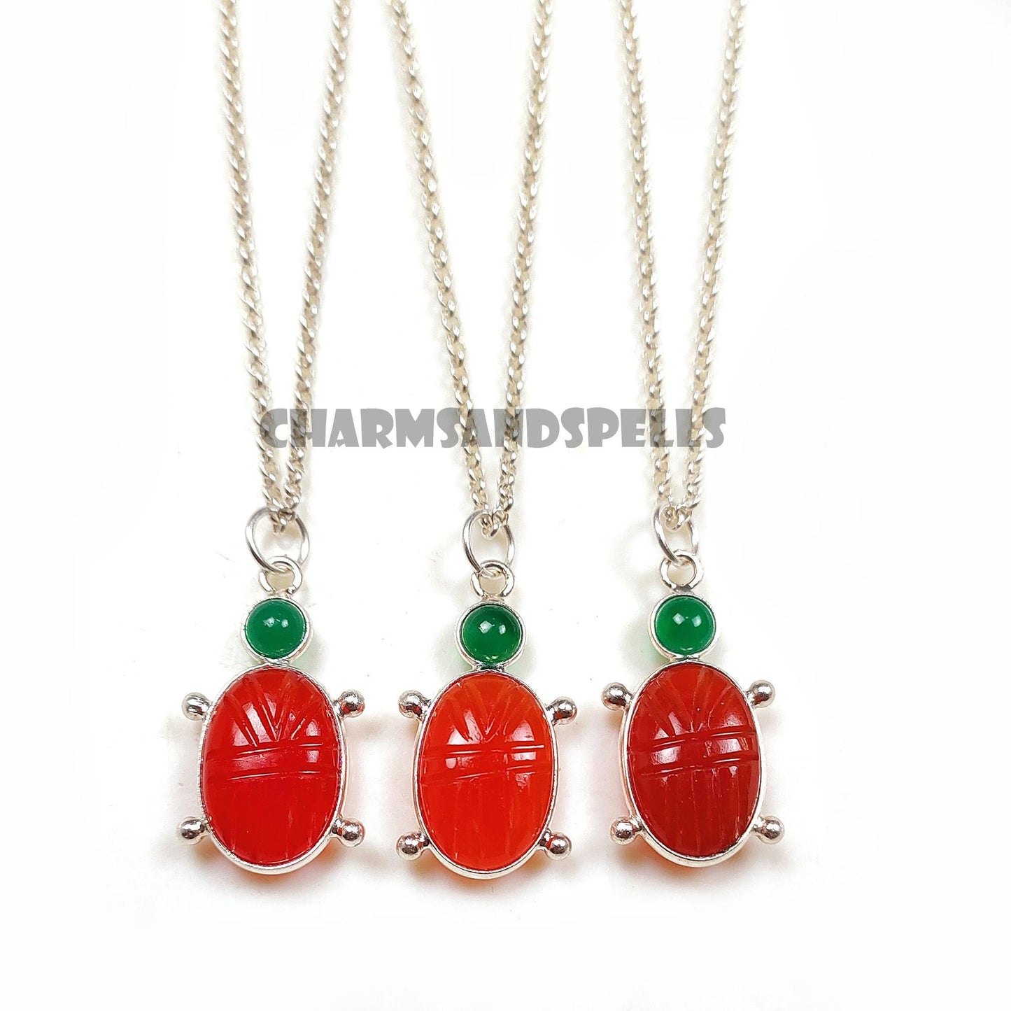 Carnelian Ladybug Necklace, 925 Silver Insect Charm, Handcarved Vintage Jewelry