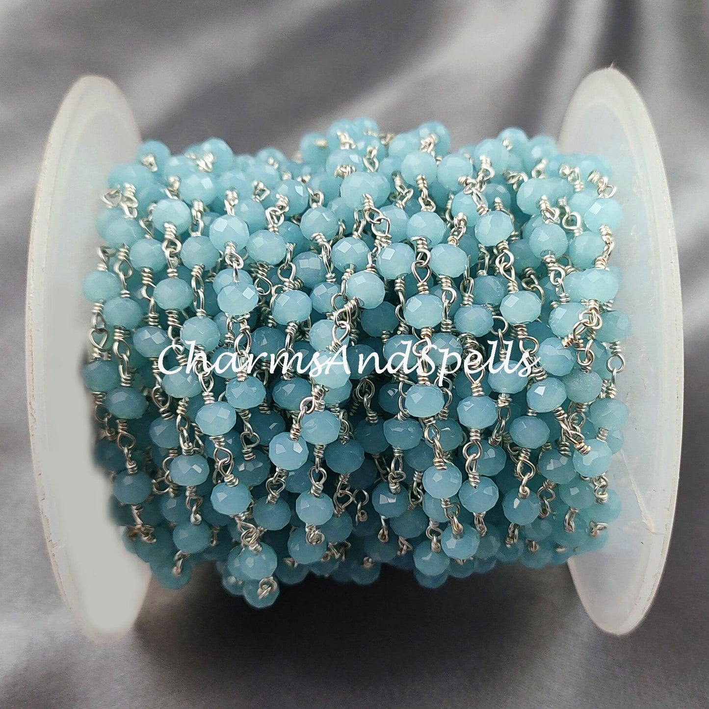 1 Feet Chain, Faceted Chalcedony Wire Wrapped Beaded Chain, 4-4.5mm Beaded, Blue Chalcedony Wire Wrapped Rosary Chain, Wholesale, DIY Necklace Chain - Charms And Spells