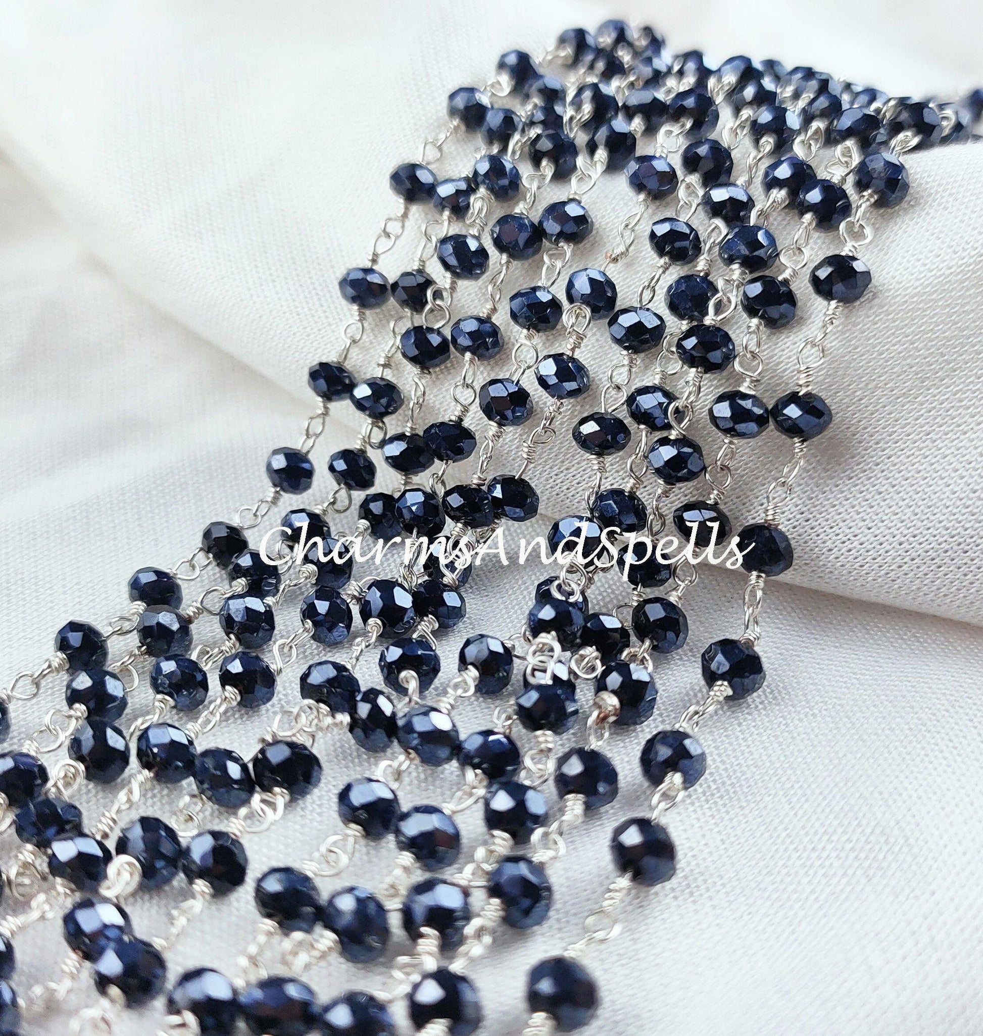 1 Feet Chain, Coated Black Onyx Bead Chain, Wire Wrapped Beaded Chain, Rosary Bead Chain Semi Precious, Healing Necklace Making, DIY Chain - Charms And Spells