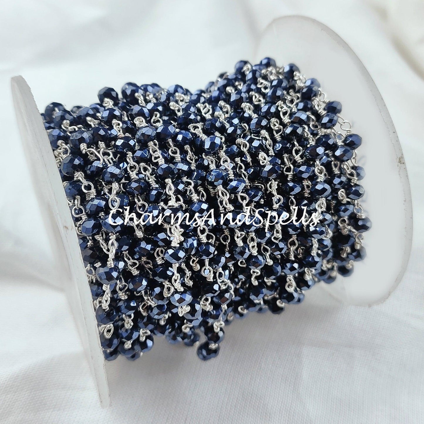 1 Feet Chain, Coated Black Onyx Bead Chain, Wire Wrapped Beaded Chain, Rosary Bead Chain Semi Precious, Healing Necklace Making, DIY Chain - Charms And Spells