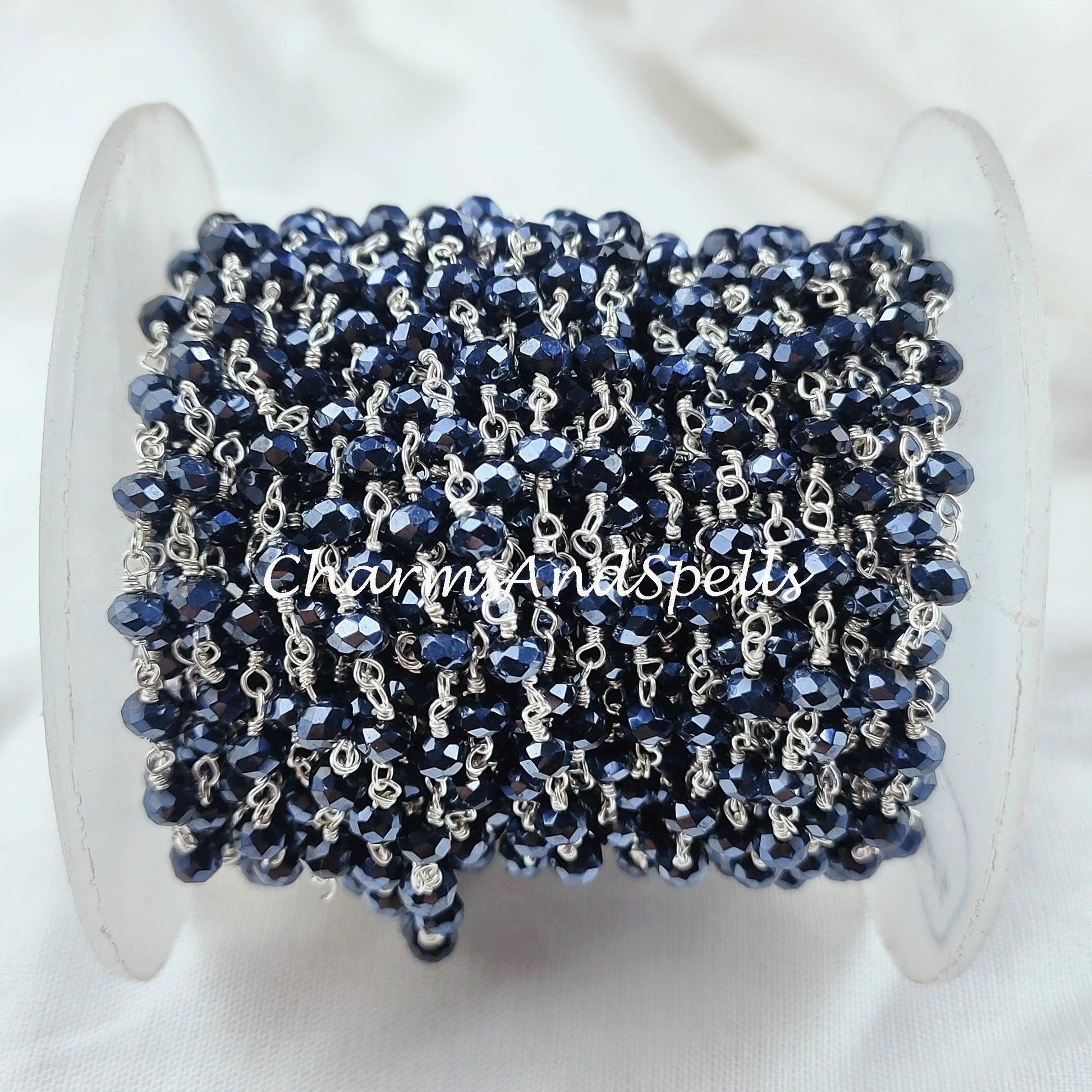 1 Feet Chain, Coated Black Onyx Bead Chain, Wire Wrapped Beaded Chain, Rosary Bead Chain Semi Precious, Healing Necklace Making, DIY Chain - Charms And Spells