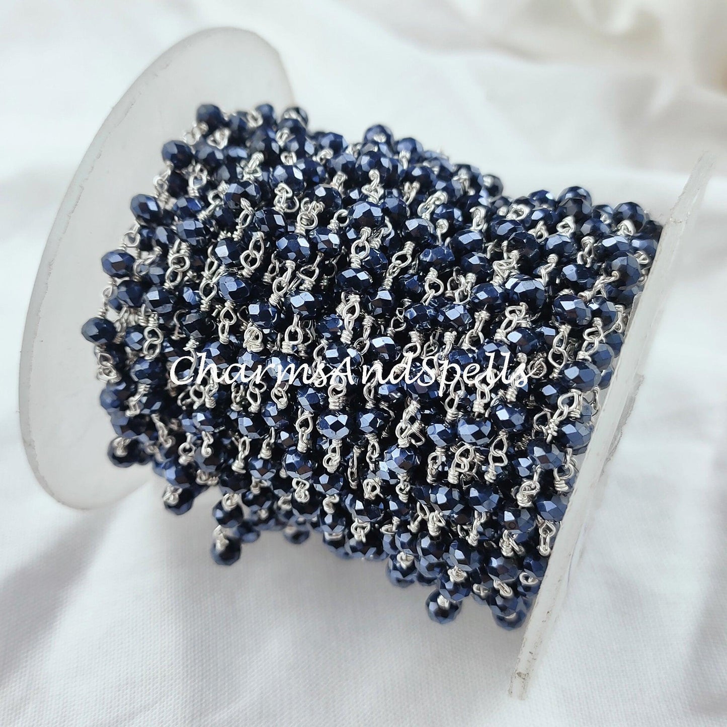 1 Feet Chain, Coated Black Onyx Bead Chain, Wire Wrapped Beaded Chain, Rosary Bead Chain Semi Precious, Healing Necklace Making, DIY Chain - Charms And Spells