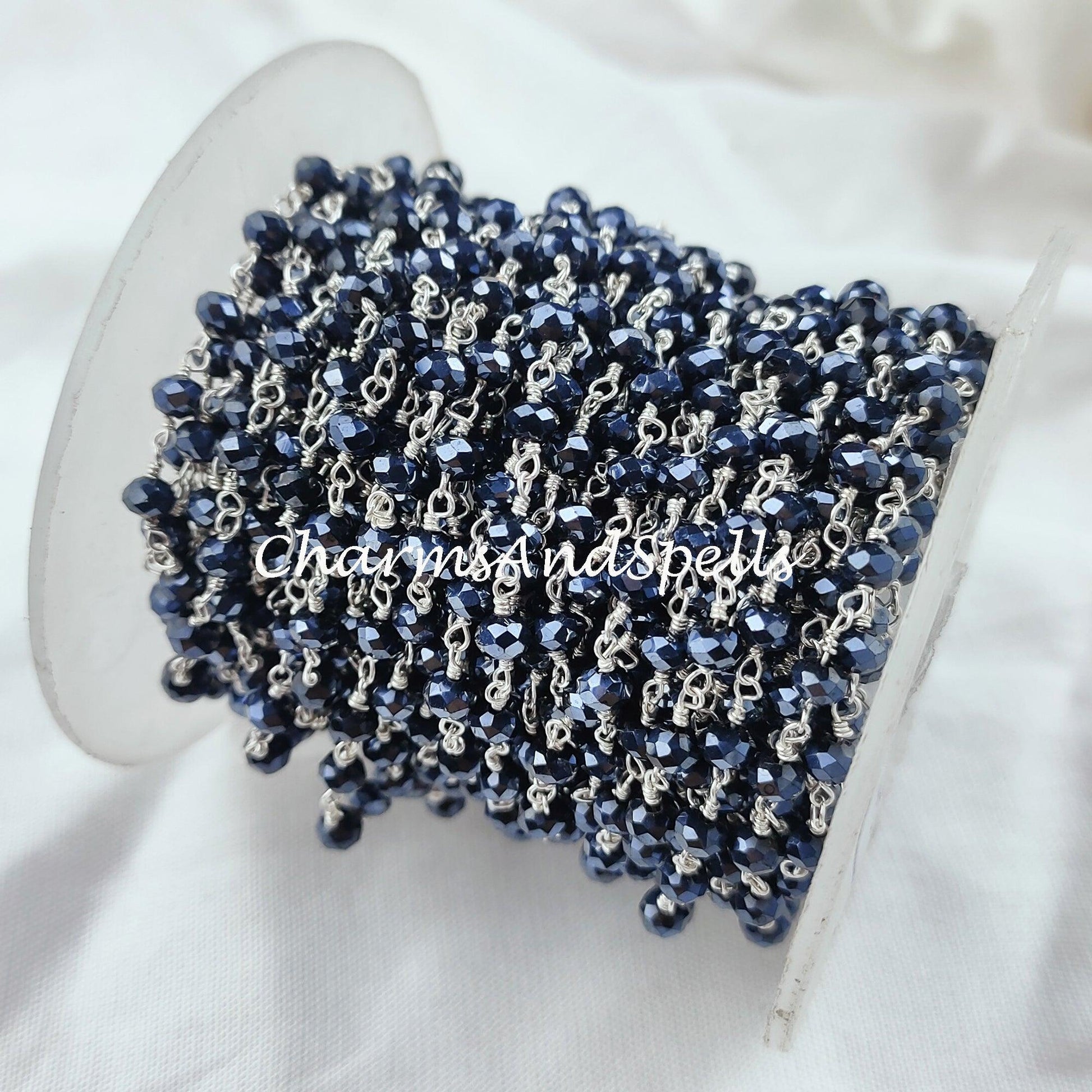 1 Feet Chain, Coated Black Onyx Bead Chain, Wire Wrapped Beaded Chain, Rosary Bead Chain Semi Precious, Healing Necklace Making, DIY Chain - Charms And Spells