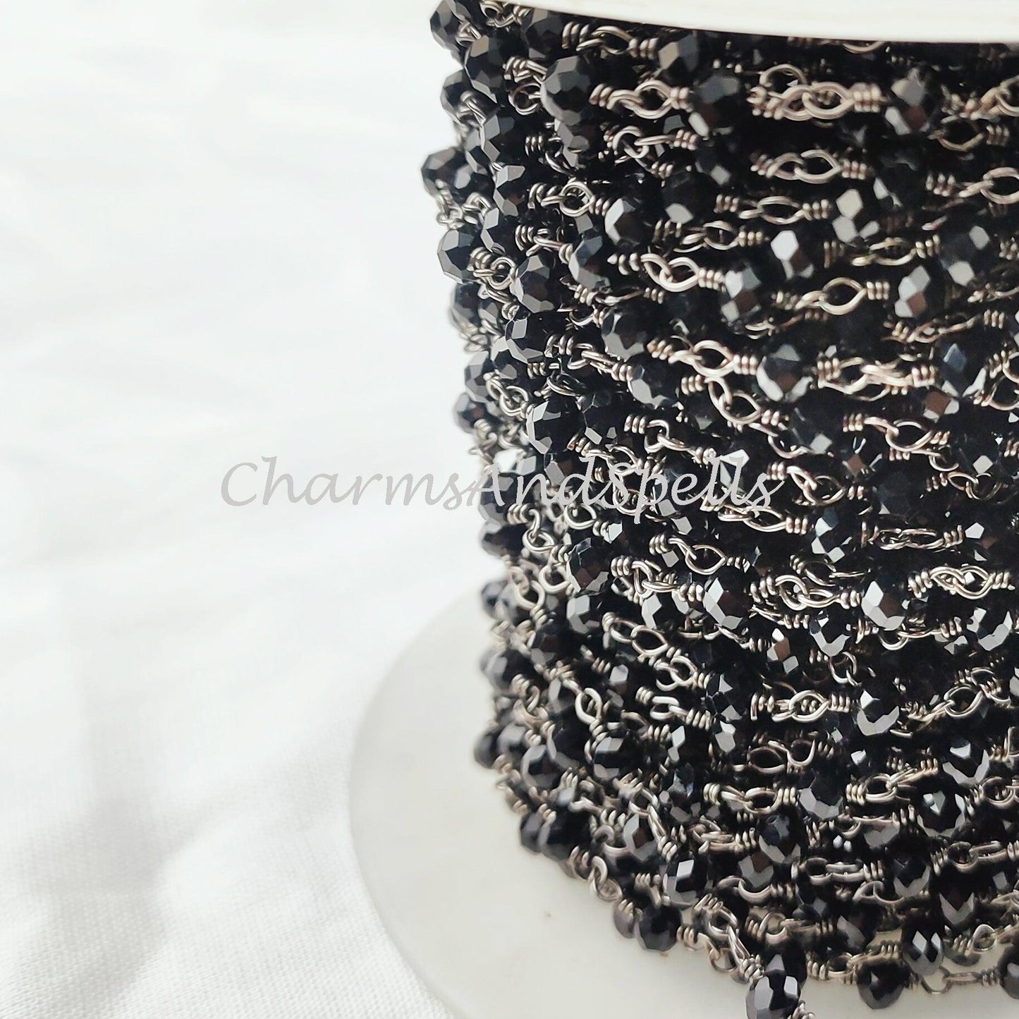 1 Feet Chain, Finished Black Onyx Beaded Chain, Wire Wrapped Onyx Beaded Chain, Rosary Bead Chain Semi Precious, Black Onyx, DIY Jewelry Making Chain - Charms And Spells