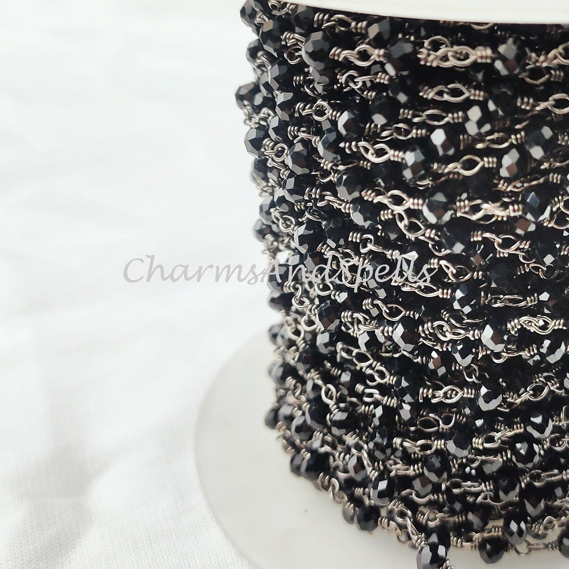 1 Feet Chain, Finished Black Onyx Beaded Chain, Wire Wrapped Onyx Beaded Chain, Rosary Bead Chain Semi Precious, Black Onyx, DIY Jewelry Making Chain - Charms And Spells