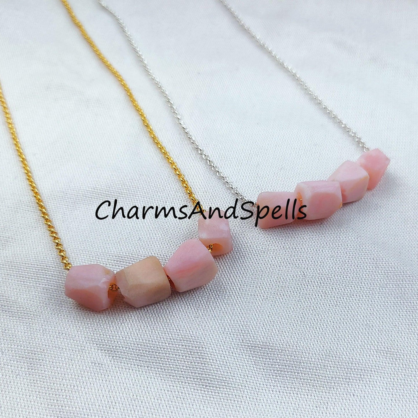 Raw Pink Opal Necklace, Electroplated Gemstone Jewelry, Silver/Gold Plated Necklace, Dainty Necklace - Charms And Spells