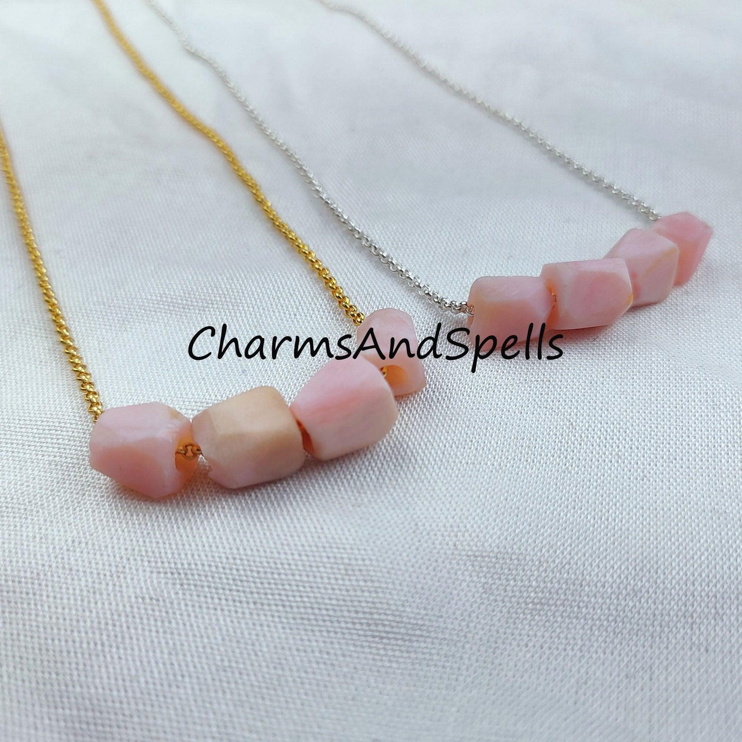 Raw Pink Opal Necklace, Electroplated Gemstone Jewelry, Silver/Gold Plated Necklace, Dainty Necklace - Charms And Spells