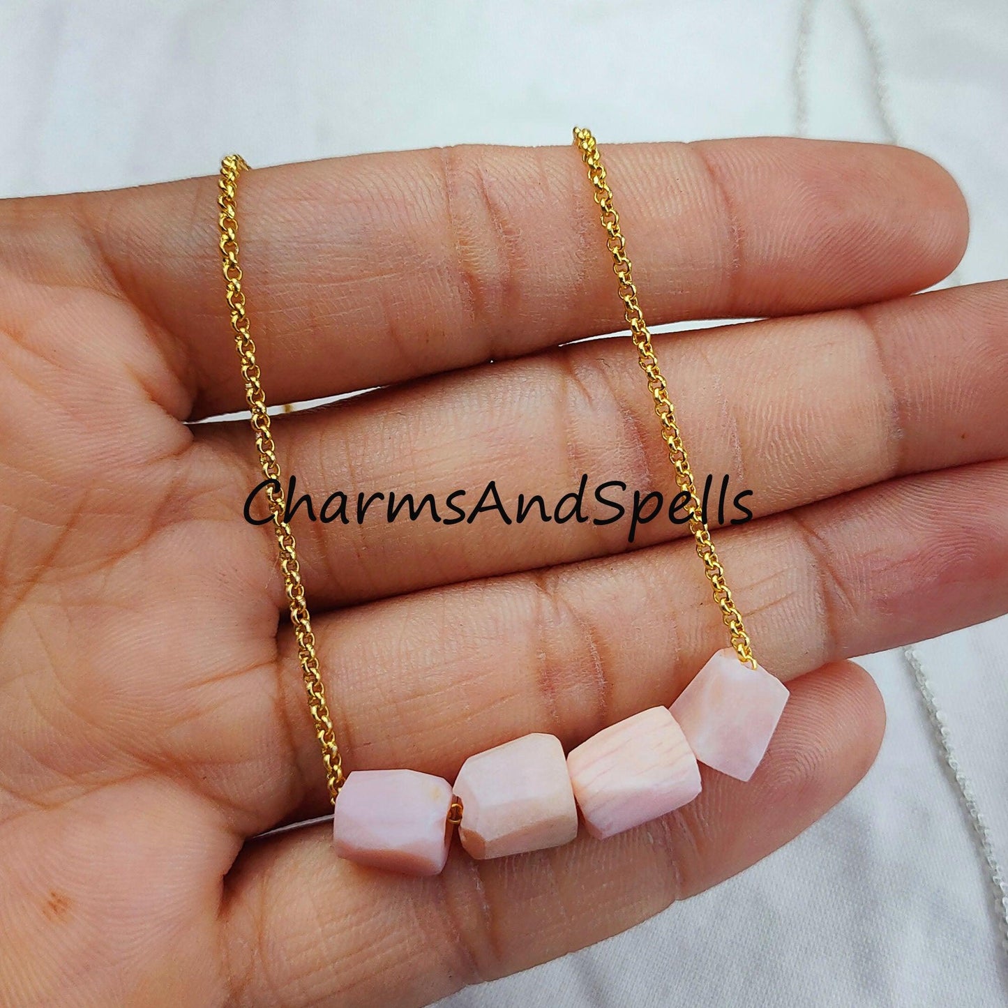 Raw Pink Opal Necklace, Electroplated Gemstone Jewelry, Silver/Gold Plated Necklace, Dainty Necklace - Charms And Spells