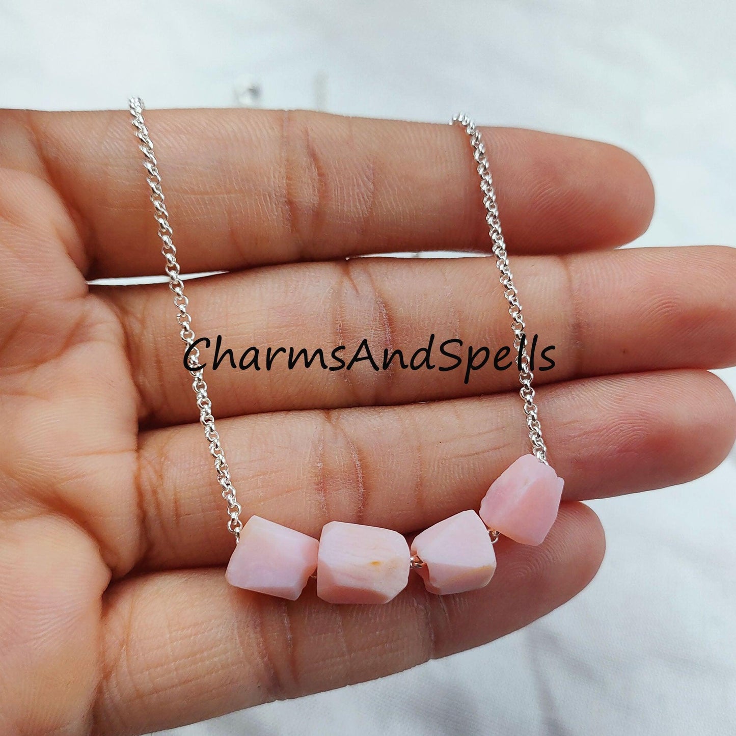 Raw Pink Opal Necklace, Electroplated Gemstone Jewelry, Silver/Gold Plated Necklace, Dainty Necklace - Charms And Spells