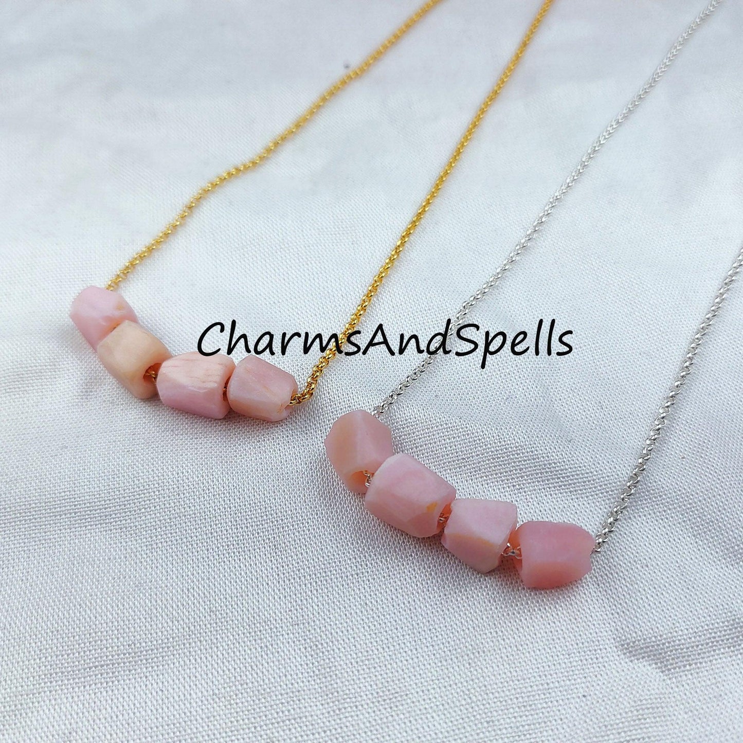 Raw Pink Opal Necklace, Electroplated Gemstone Jewelry, Silver/Gold Plated Necklace, Dainty Necklace - Charms And Spells