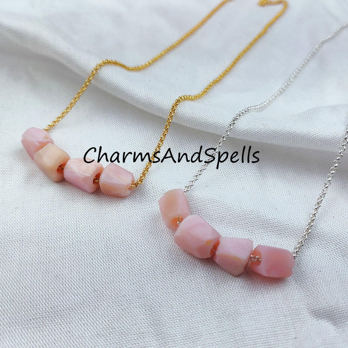 Raw Pink Opal Necklace, Electroplated Gemstone Jewelry, Silver/Gold Plated Necklace, Dainty Necklace - Charms And Spells