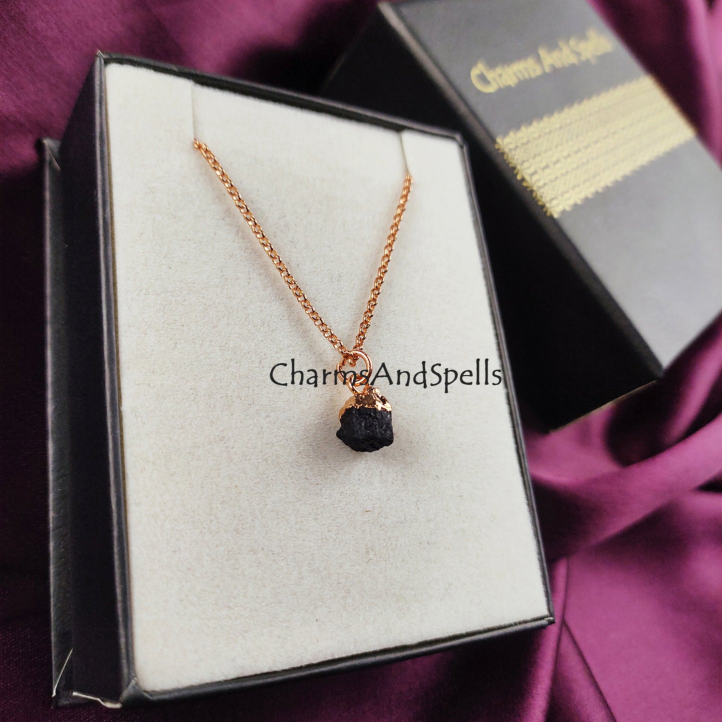 Black Tourmaline Necklace, Rose Gold Plated Necklace, Raw Tourmaline Stone Necklace, Grounding Stone Necklace, Crystal Protection Pendant