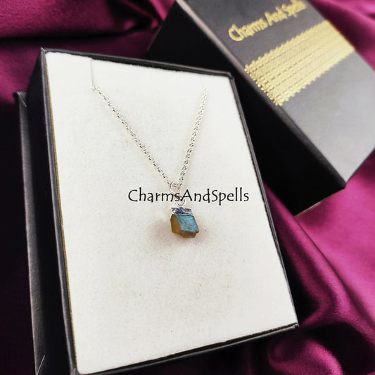 Raw Labradorite Necklace | Rough Crystal Charms Pendant Silver Plated Jewelry