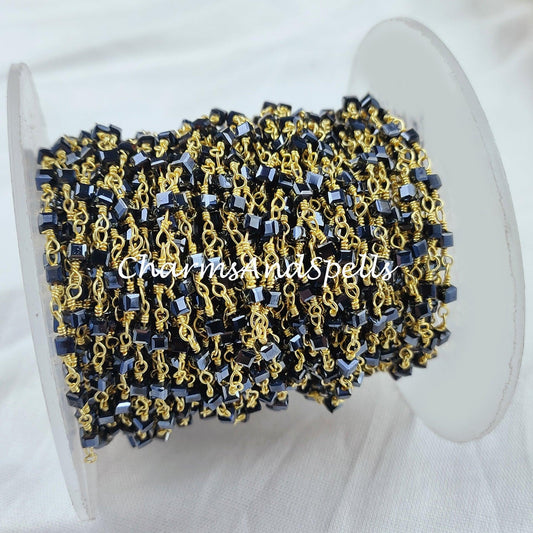 1 Feet Chain, 50% OFF Square Black Onyx Beaded Rosary Chain, 2.5mm Beaded Gold Plated Chain, Jewelry Findings, 3D Square Box Chain - Charms And Spells