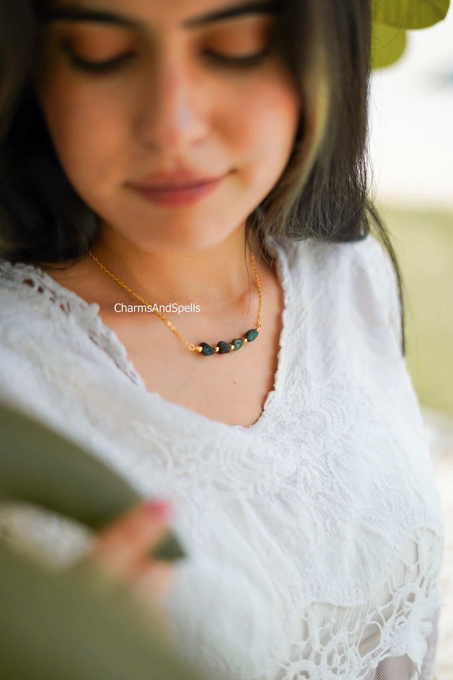 Raw Emerald Necklace, Rough Gemstone Crystal, Healing Stone, May Birthstone, Layering, Girlfriend, Gift for Her - Charms And Spells