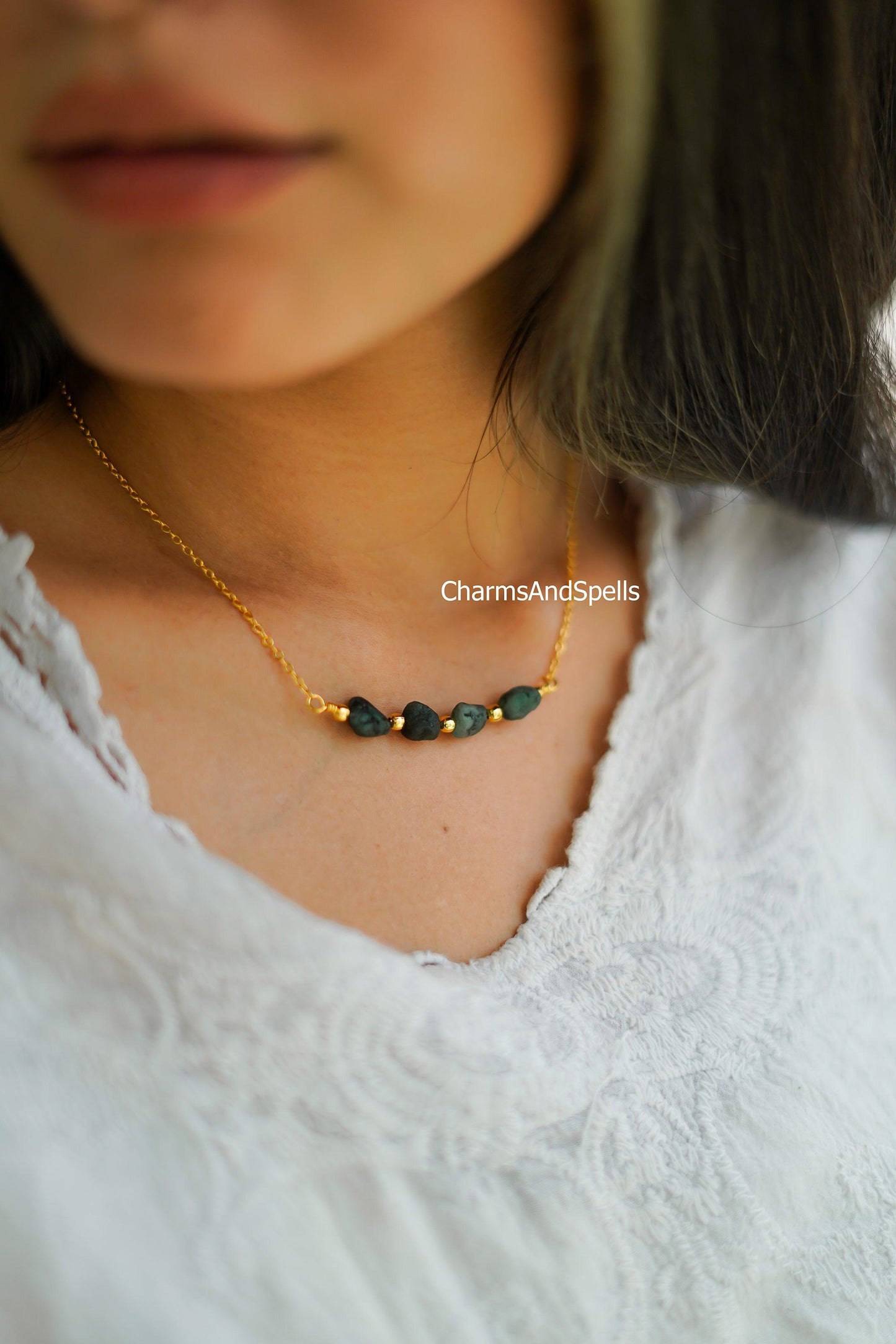 Raw Emerald Necklace, Rough Gemstone Crystal, Healing Stone, May Birthstone, Layering, Girlfriend, Gift for Her - Charms And Spells
