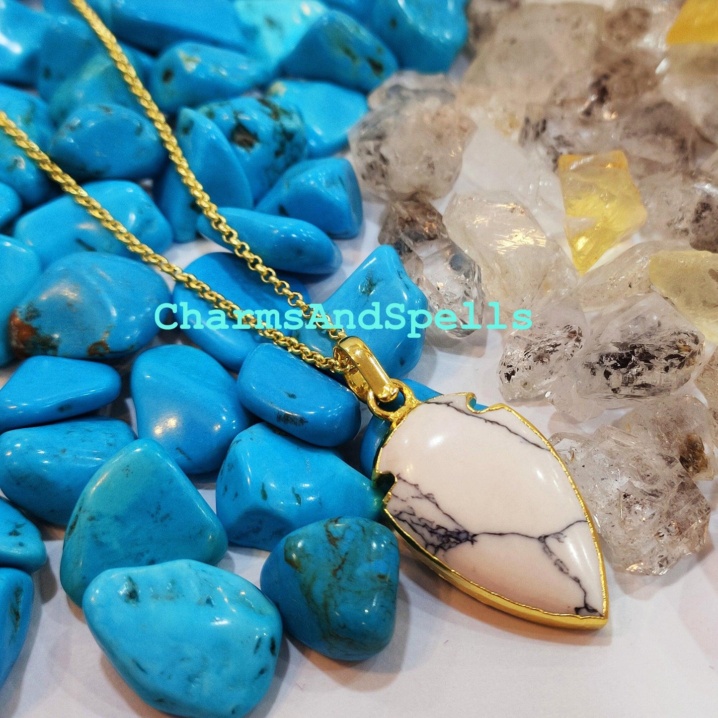 Howlite Arrowhead Pendant, Gold Electroplated Plated Necklace, Pendant Necklace, Women Pendant, Dainty Jewelry, Gemstone Necklace - Charms And Spells