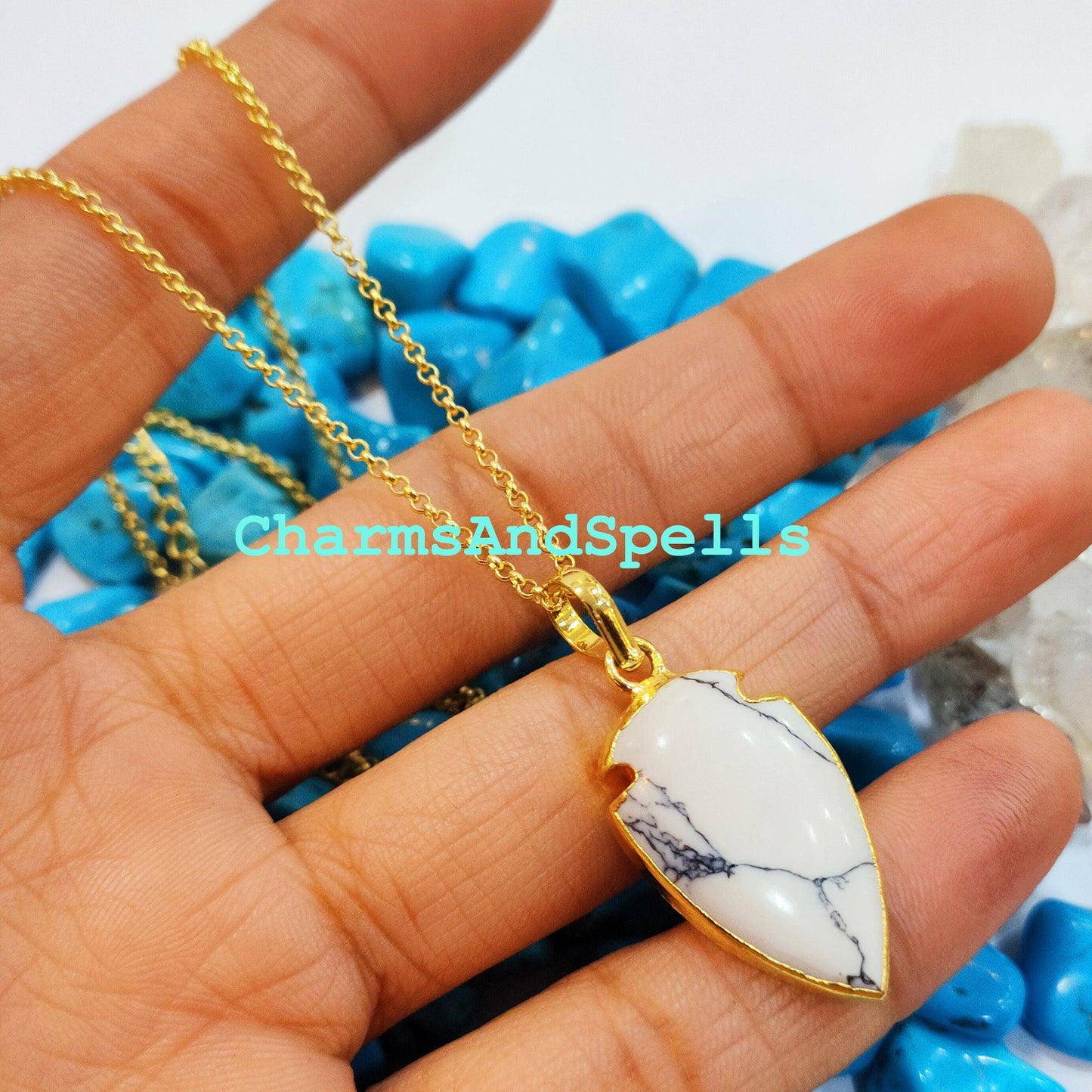 Howlite Arrowhead Pendant, Gold Electroplated Plated Necklace, Pendant Necklace, Women Pendant, Dainty Jewelry, Gemstone Necklace - Charms And Spells