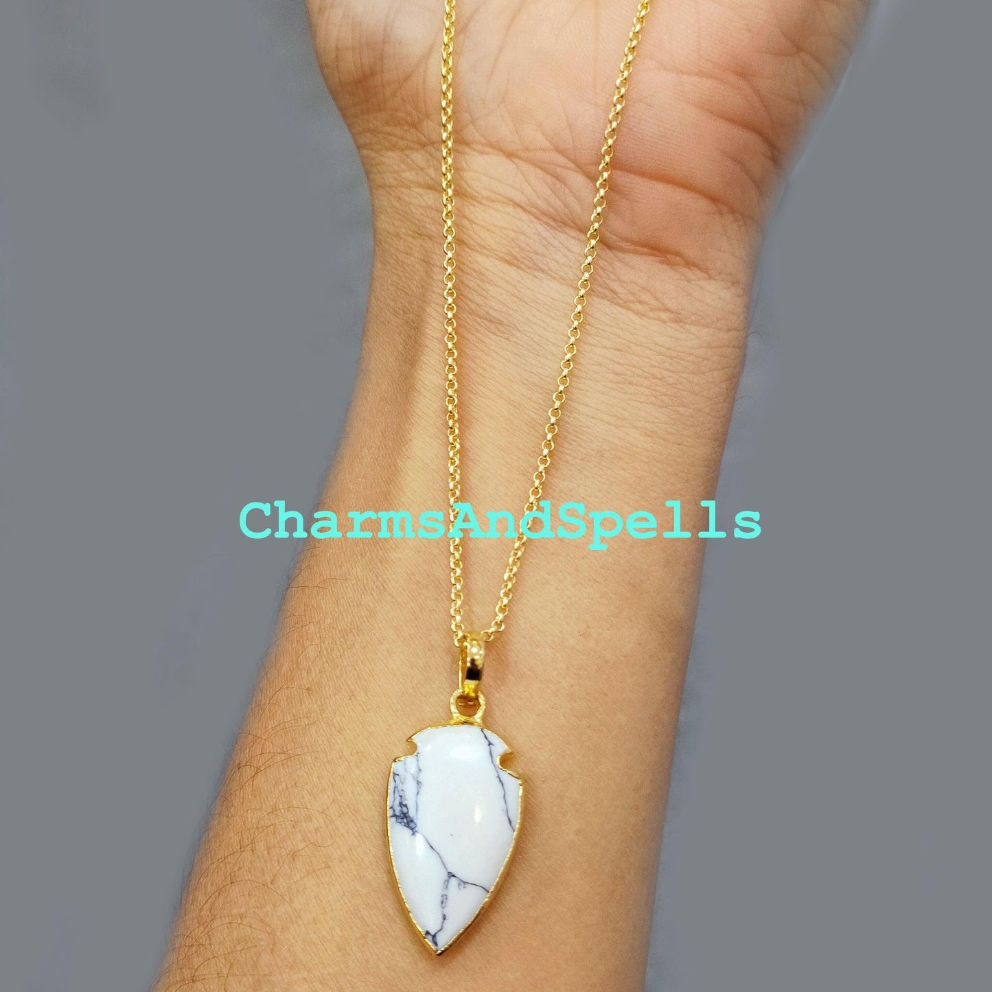 Howlite Arrowhead Pendant, Gold Electroplated Plated Necklace, Pendant Necklace, Women Pendant, Dainty Jewelry, Gemstone Necklace - Charms And Spells