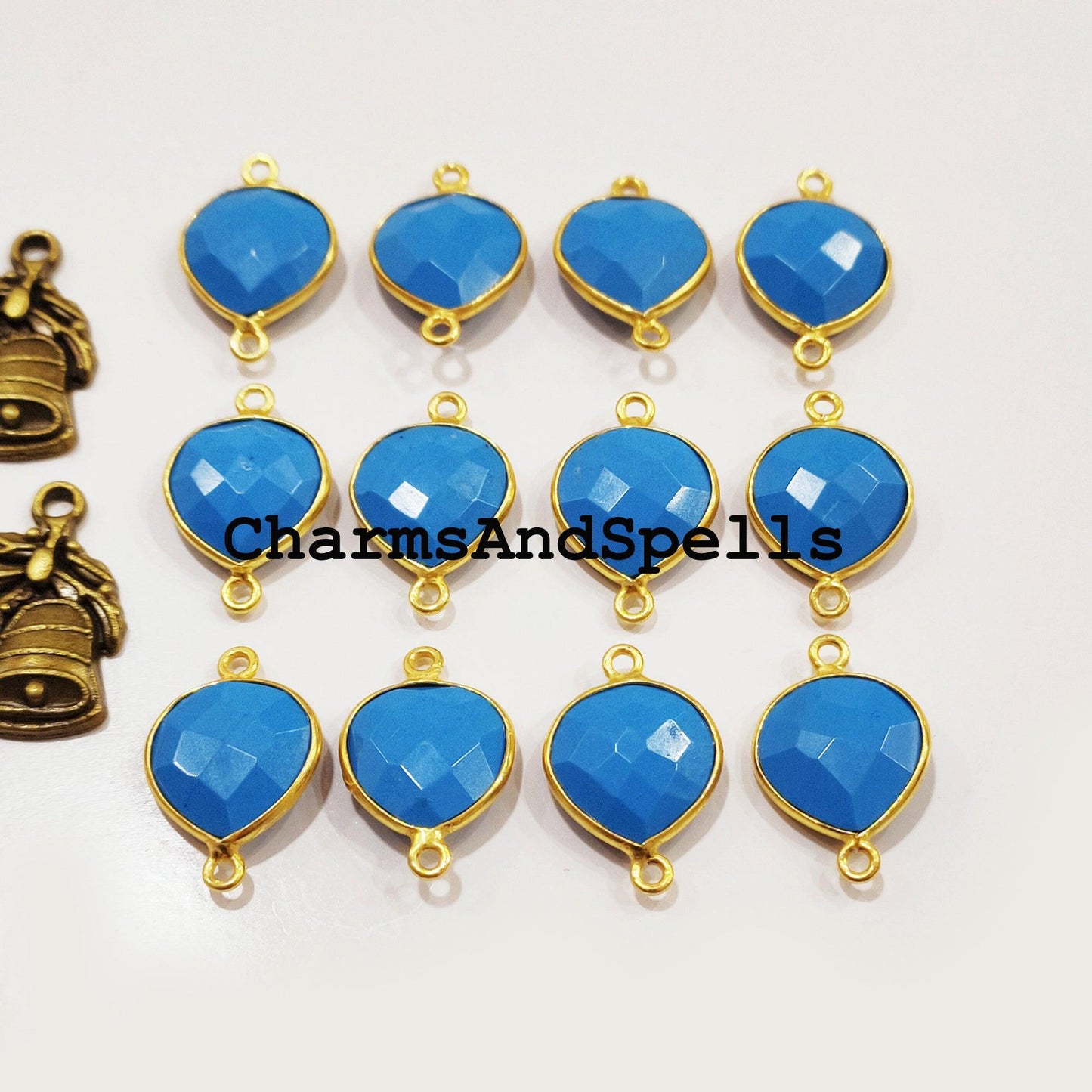 Turquoise Gemstone Gold Plated Bezel Connector, Gemstone Connector, 14x20 Blue Turquoise Connector, Double Bail Turquoise - Charms And Spells