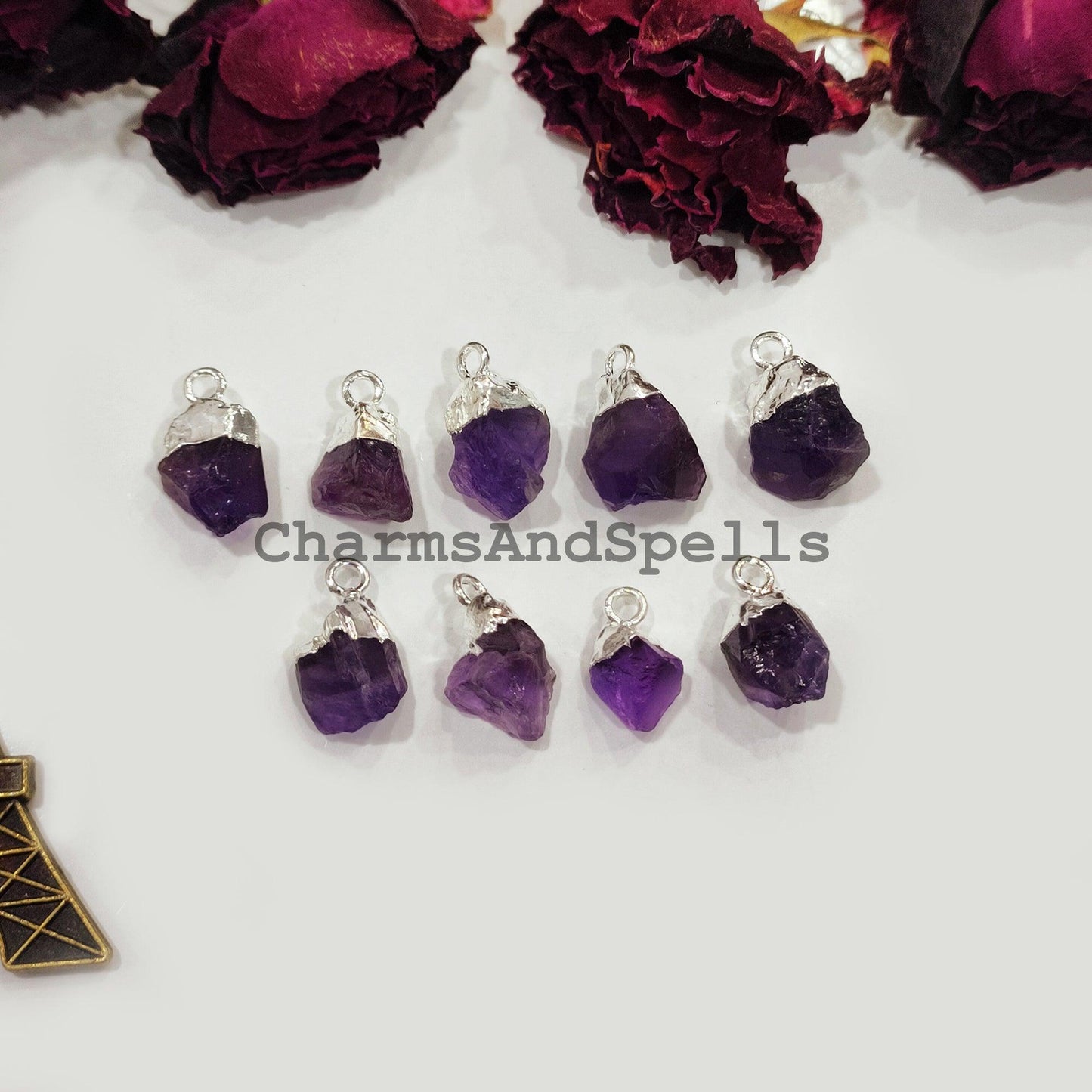 Raw Amethyst Electroplated Pendant Connectors, Rough Stone Connectors, Silver Plated Connectors, DIY Raw Amethyst Making Jewelry - Charms And Spells