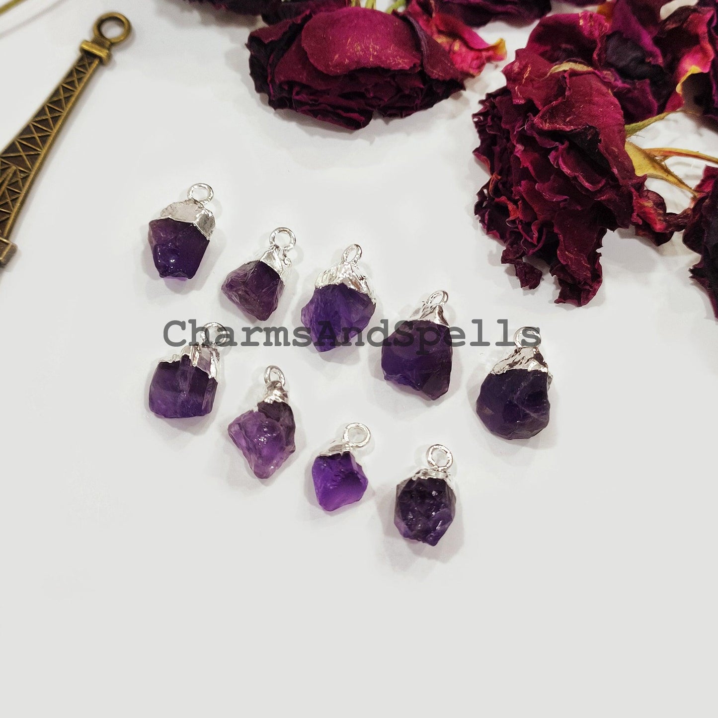 Raw Amethyst Electroplated Pendant Connectors, Rough Stone Connectors, Silver Plated Connectors, DIY Raw Amethyst Making Jewelry - Charms And Spells