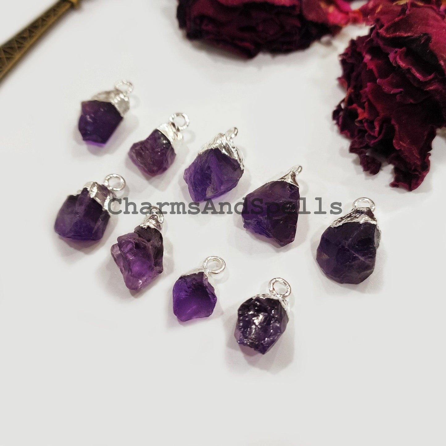 Raw Amethyst Electroplated Pendant Connectors, Rough Stone Connectors, Silver Plated Connectors, DIY Raw Amethyst Making Jewelry - Charms And Spells