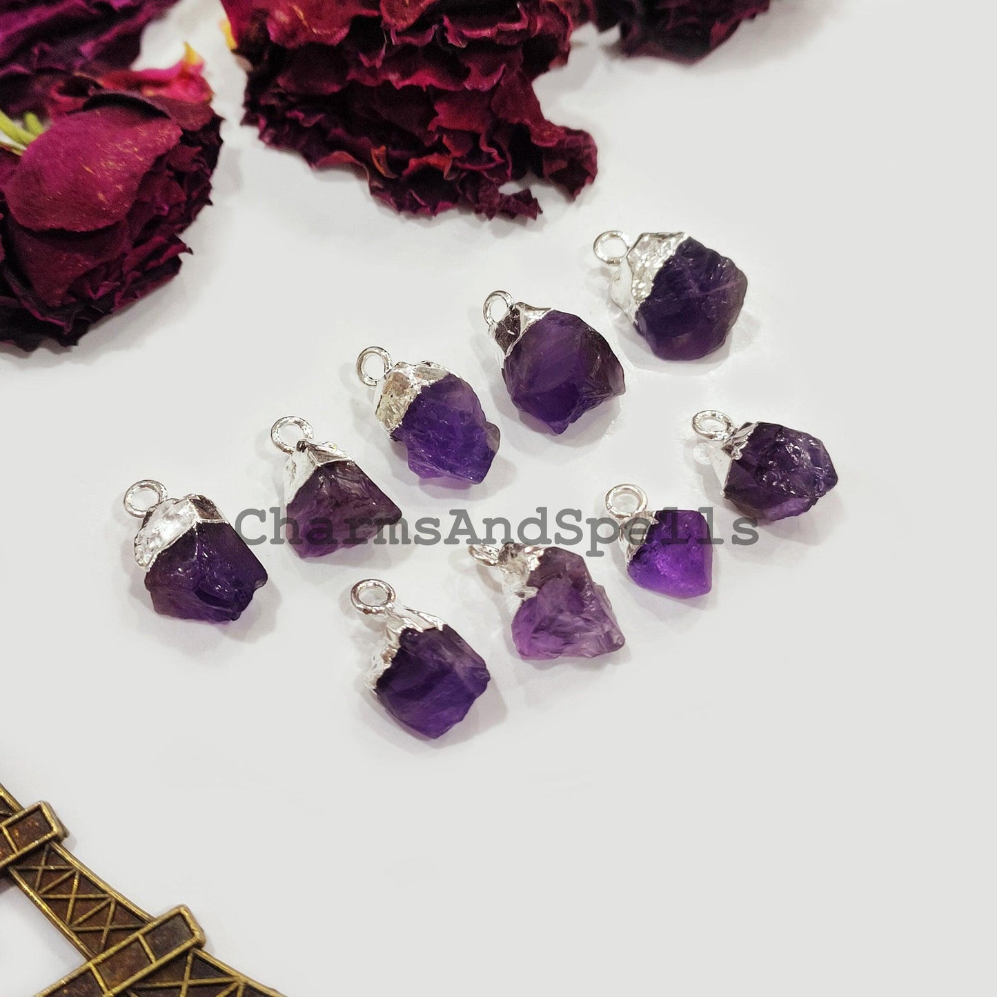 Raw Amethyst Electroplated Pendant Connectors, Rough Stone Connectors, Silver Plated Connectors, DIY Raw Amethyst Making Jewelry - Charms And Spells