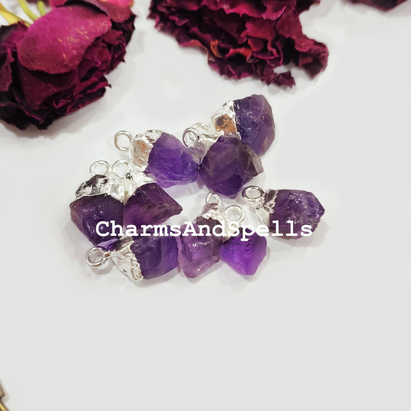 Raw Amethyst Electroplated Pendant Connectors, Rough Stone Connectors, Silver Plated Connectors, DIY Raw Amethyst Making Jewelry - Charms And Spells