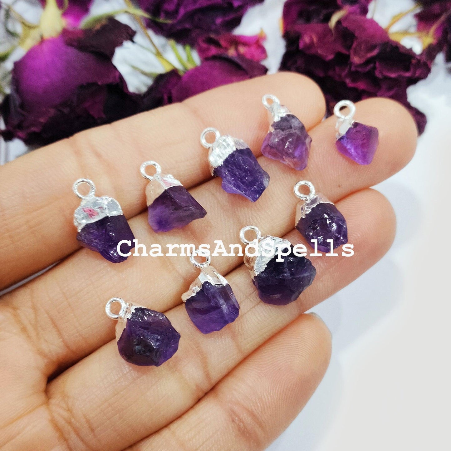 Raw Amethyst Electroplated Pendant Connectors, Rough Stone Connectors, Silver Plated Connectors, DIY Raw Amethyst Making Jewelry - Charms And Spells