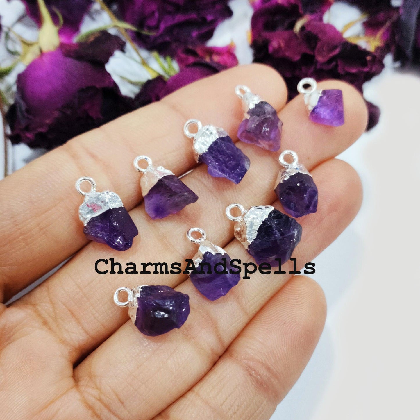 Raw Amethyst Electroplated Pendant Connectors, Rough Stone Connectors, Silver Plated Connectors, DIY Raw Amethyst Making Jewelry - Charms And Spells