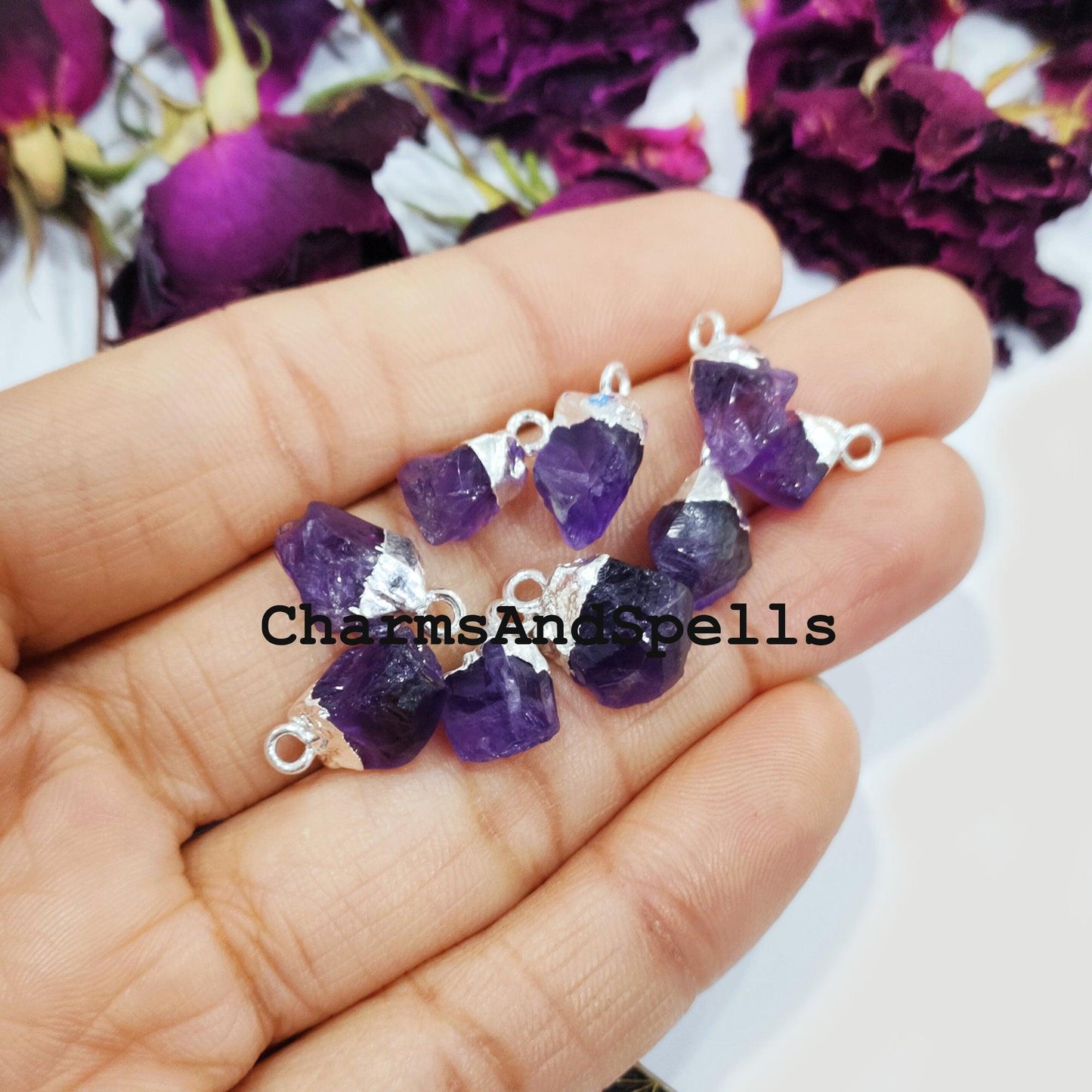 Raw Amethyst Electroplated Pendant Connectors, Rough Stone Connectors, Silver Plated Connectors, DIY Raw Amethyst Making Jewelry - Charms And Spells