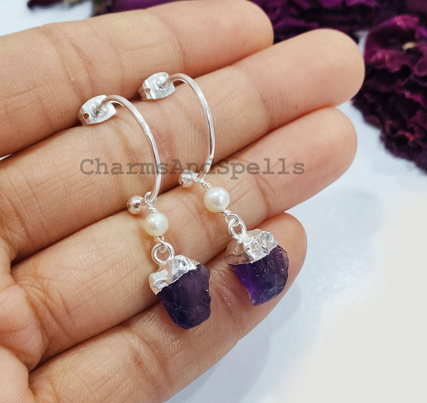 Raw Amethyst Earrings, Silver Electroplated Earrings, Healing Earrings, Women Earrings, Raw Gemstone Earrings, Gift For Mother - Charms And Spells