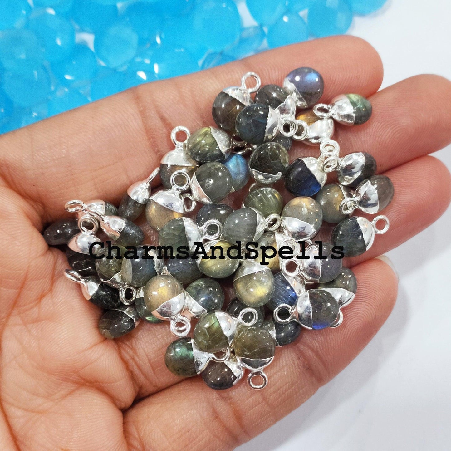 Blue Flashy Labradorite Charm Pendant, Tiny Silver Electroplated Cap Charms, Natural Labradorite, Minimalist Charm - Charms And Spells