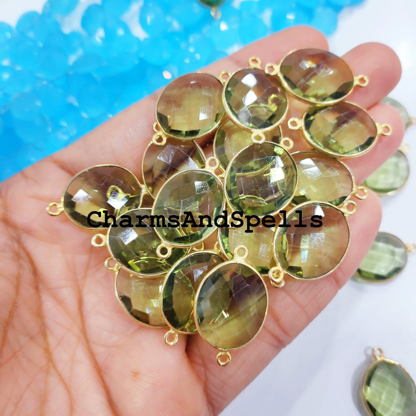 Mega Sale! Green Amethyst Bracelet Charms Connector, Gemstone Bracelet Connector, 17x27mm Necklace Connector,Gold Plated Double Bail - Charms And Spells