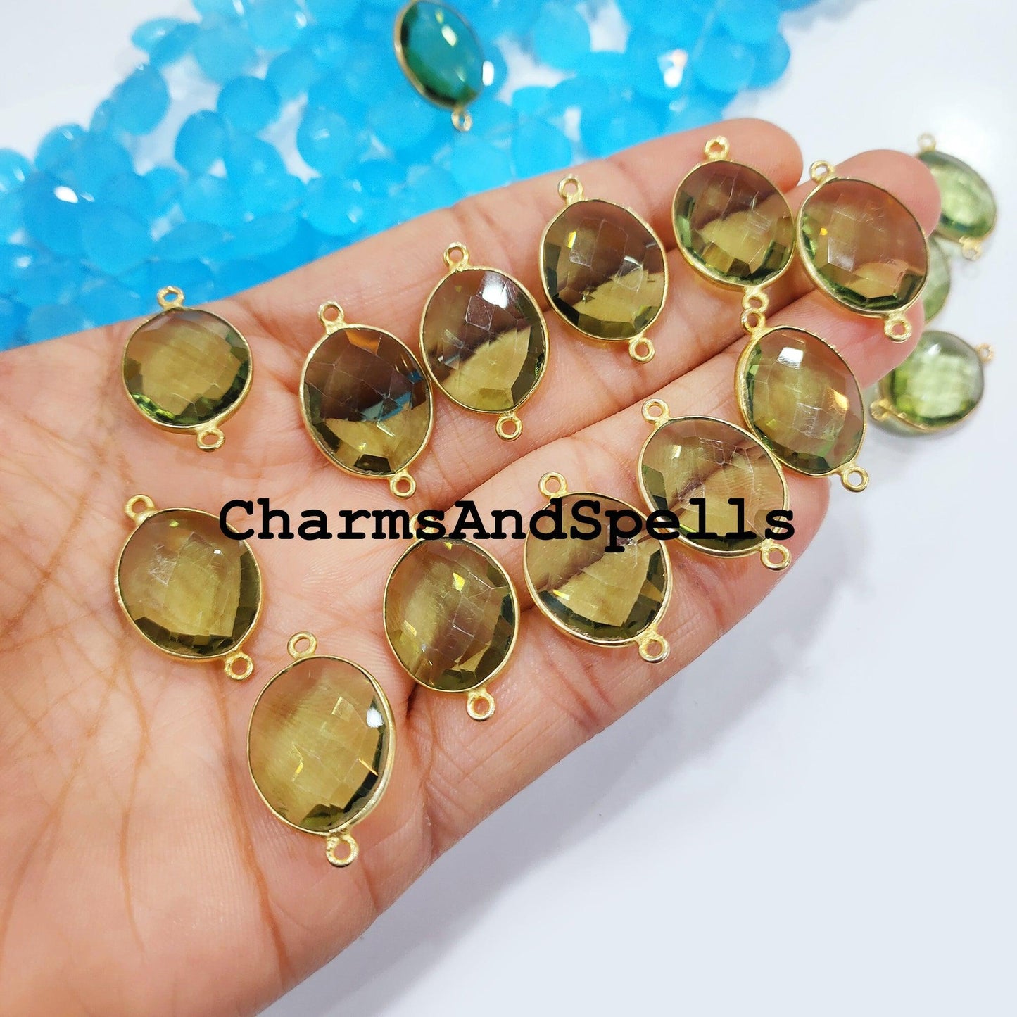 Mega Sale! Green Amethyst Bracelet Charms Connector, Gemstone Bracelet Connector, 17x27mm Necklace Connector,Gold Plated Double Bail - Charms And Spells