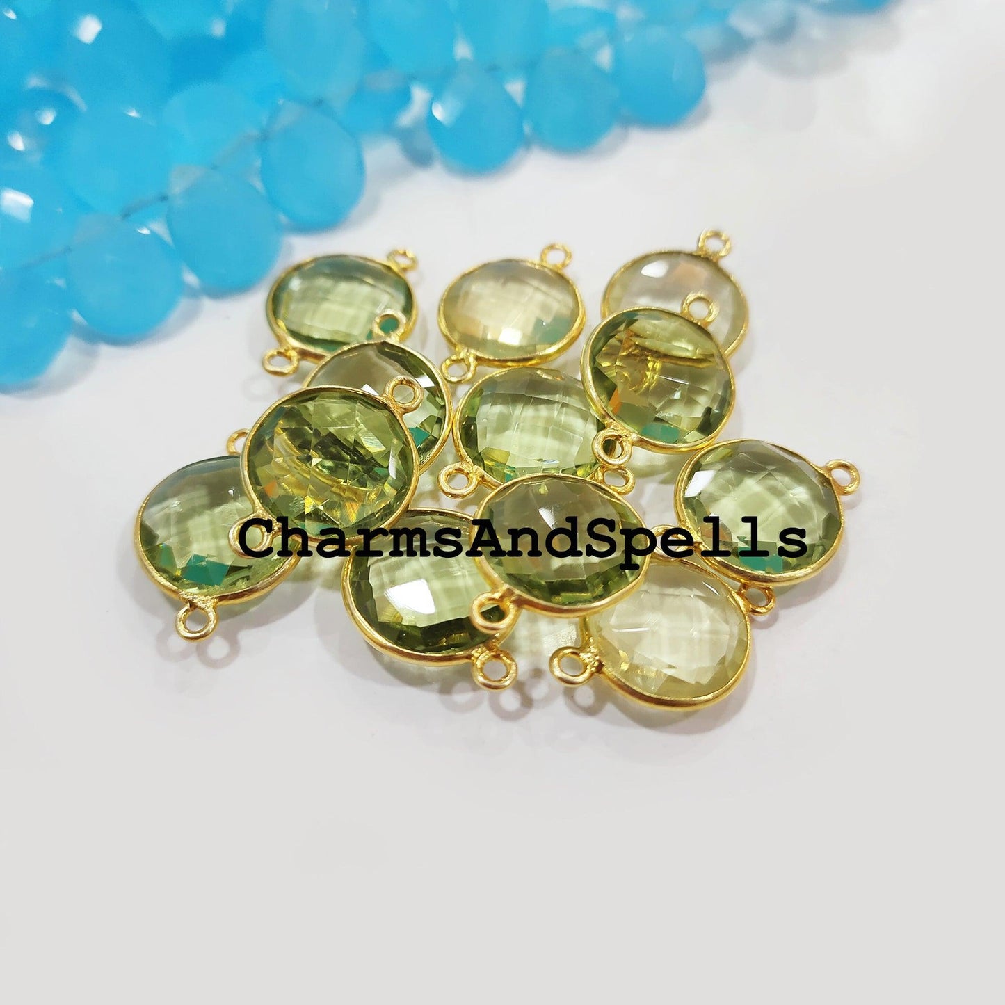Green Amethyst Bracelet Charms Connector, 14x20mm Faceted Amethyst Double Bail Finding Connector, 14K Gold Plated Connector - Charms And Spells