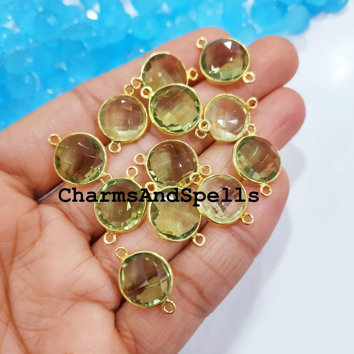 Green Amethyst Bracelet Charms Connector, 14x20mm Faceted Amethyst Double Bail Finding Connector, 14K Gold Plated Connector - Charms And Spells