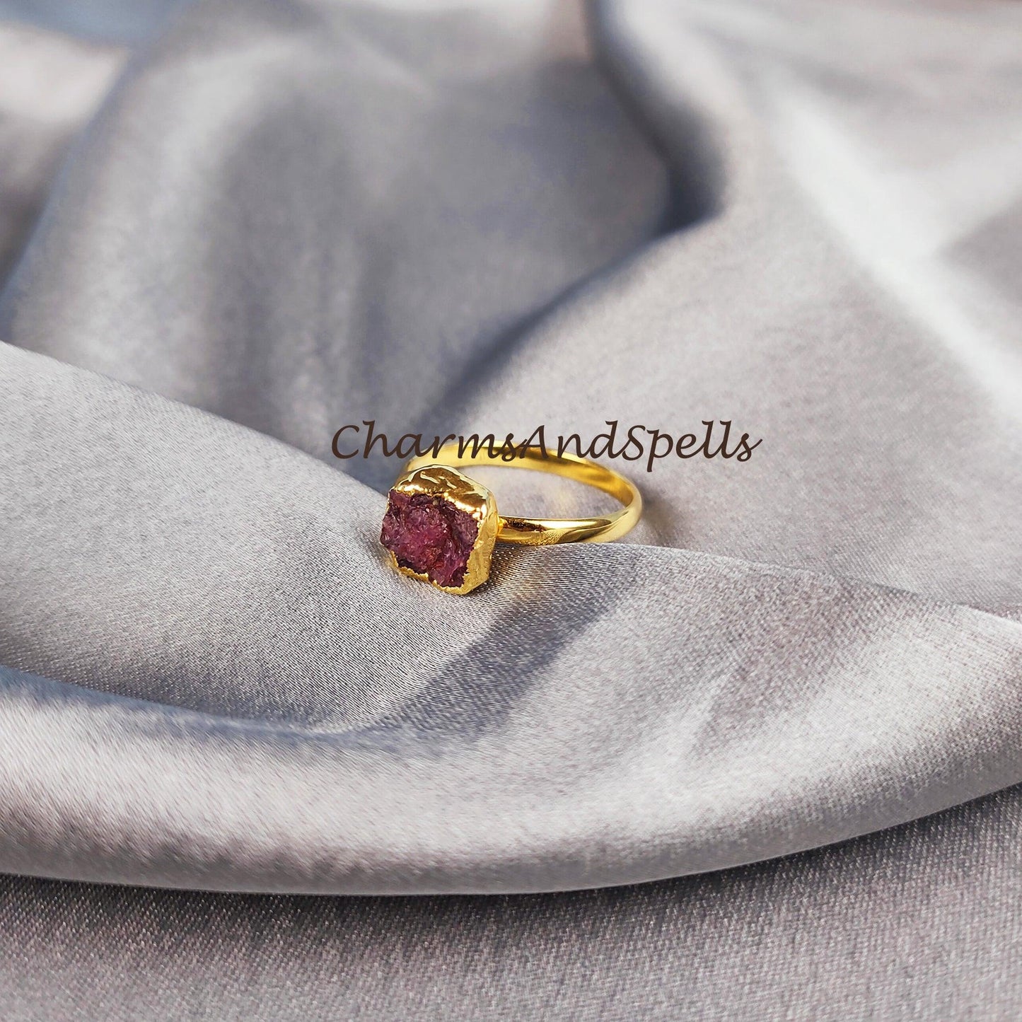 Raw Ruby Ring, 14K Gold Plated Ring, Women Ring, Electroplated Ring, Statement Ring, Unique Ring, Dainty Natural Ruby Ring - Charms And Spells