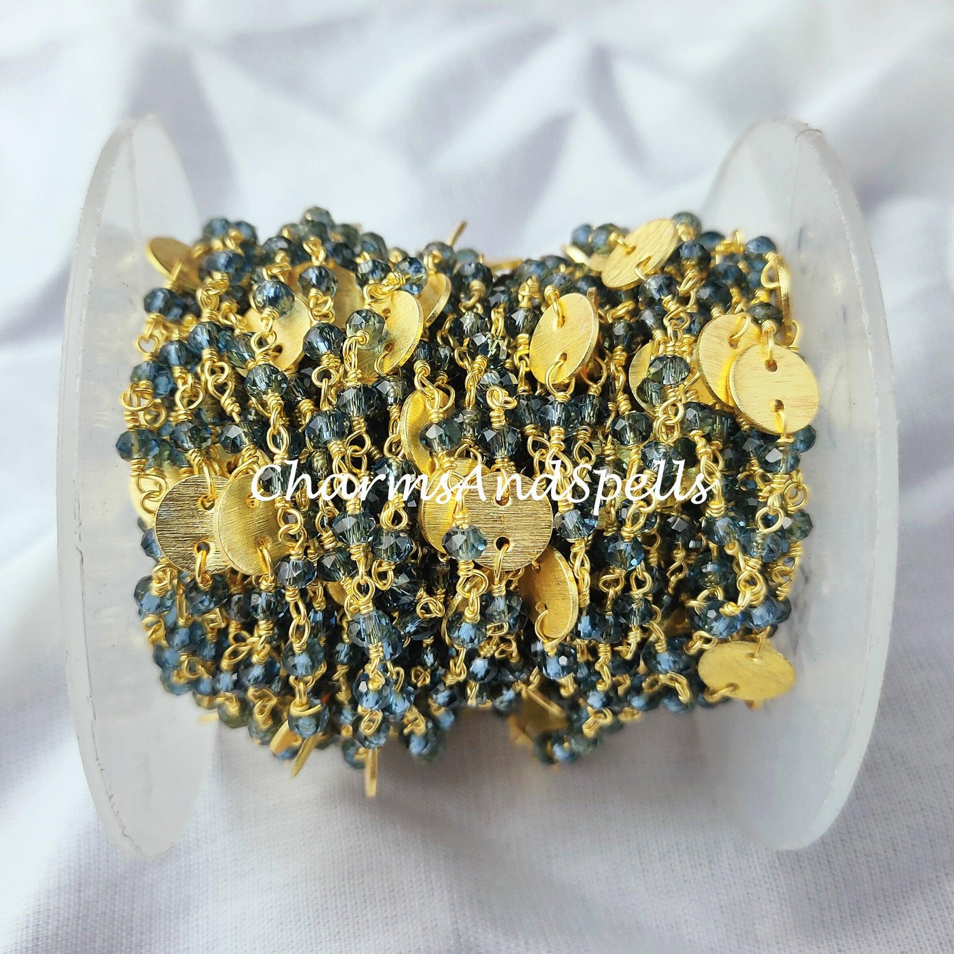 1 Feet Chain, Blue Topaz Rosary Chain, Blue Chain, Charm Chain, Jewelry Making Chain, Women Chain, Necklace Chain, Gold Plated Rosary Chain - Charms And Spells