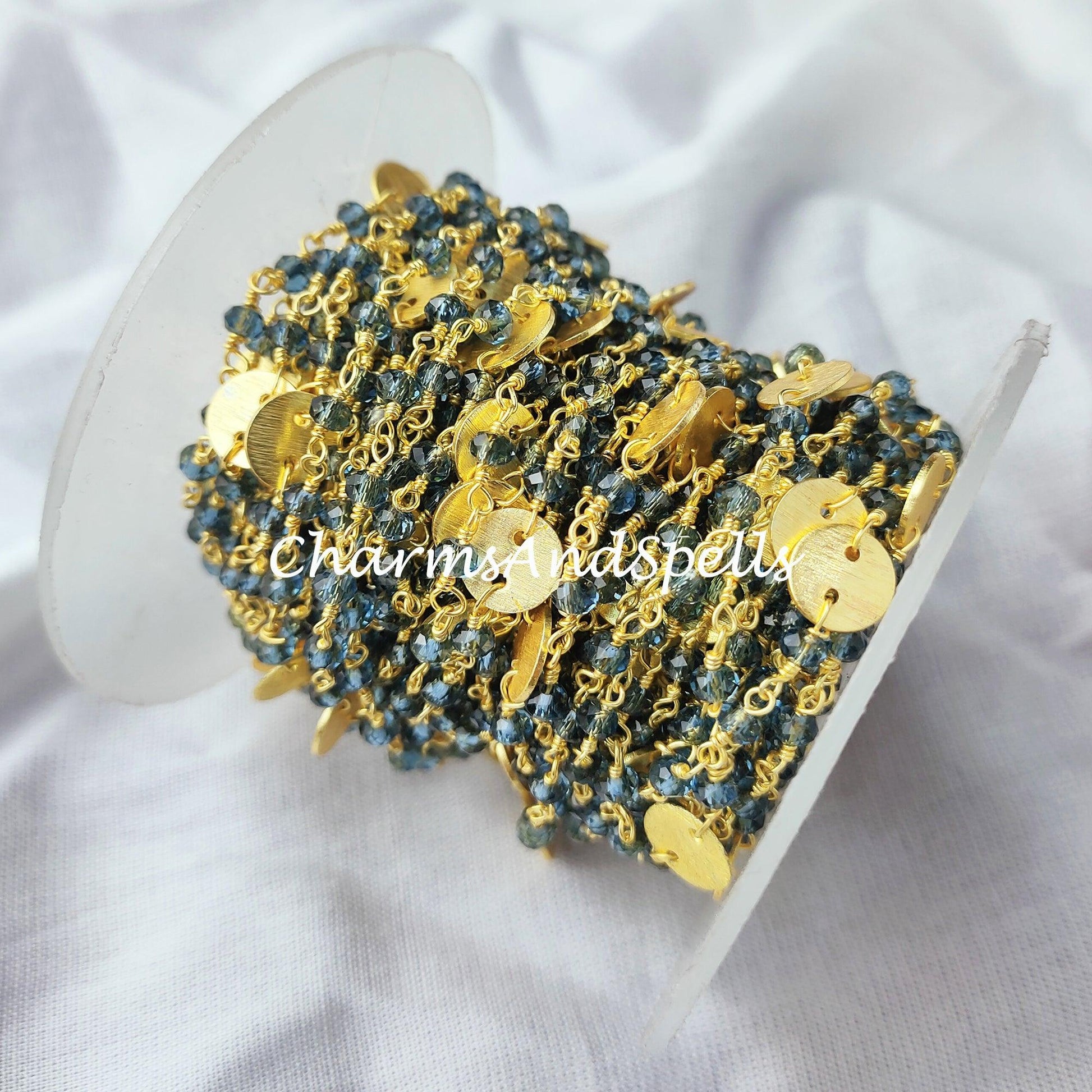 1 Feet Chain, Blue Topaz Rosary Chain, Blue Chain, Charm Chain, Jewelry Making Chain, Women Chain, Necklace Chain, Gold Plated Rosary Chain - Charms And Spells