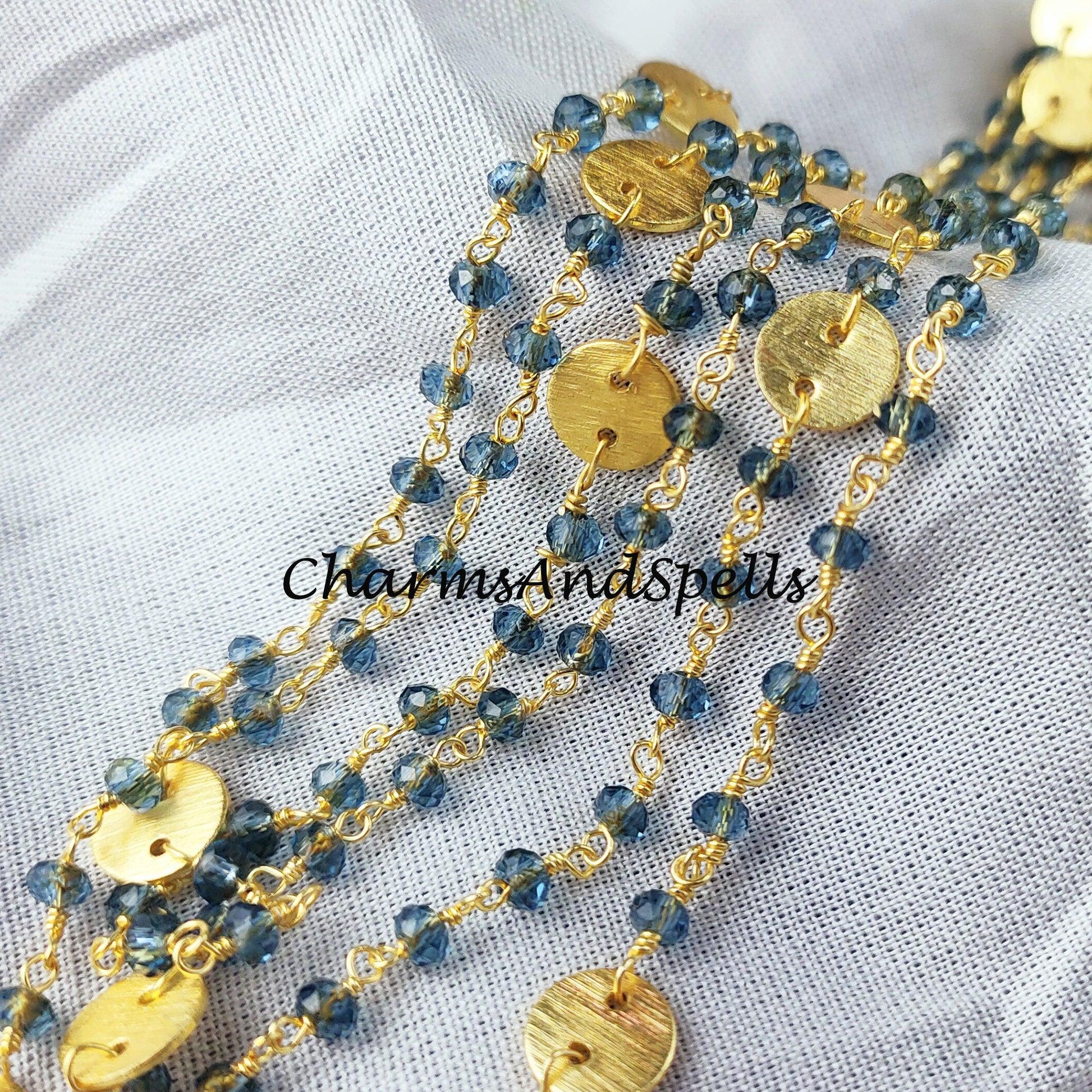 1 Feet Chain, Blue Topaz Rosary Chain, Blue Chain, Charm Chain, Jewelry Making Chain, Women Chain, Necklace Chain, Gold Plated Rosary Chain - Charms And Spells